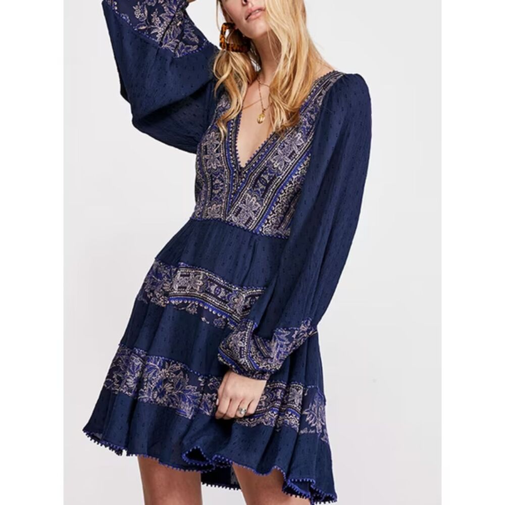 Free People My Love Mini Dress Indigo Blue Boho Tiered Large OB1005020